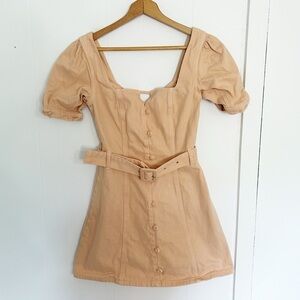 ASOS Peach Denim Puff Sleeve Mini Dress Belt Buttons‎ Square Neck US 4